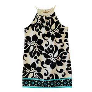 SIGNATURE LONDON STYLE black and white retro floral print halter dress, size 14